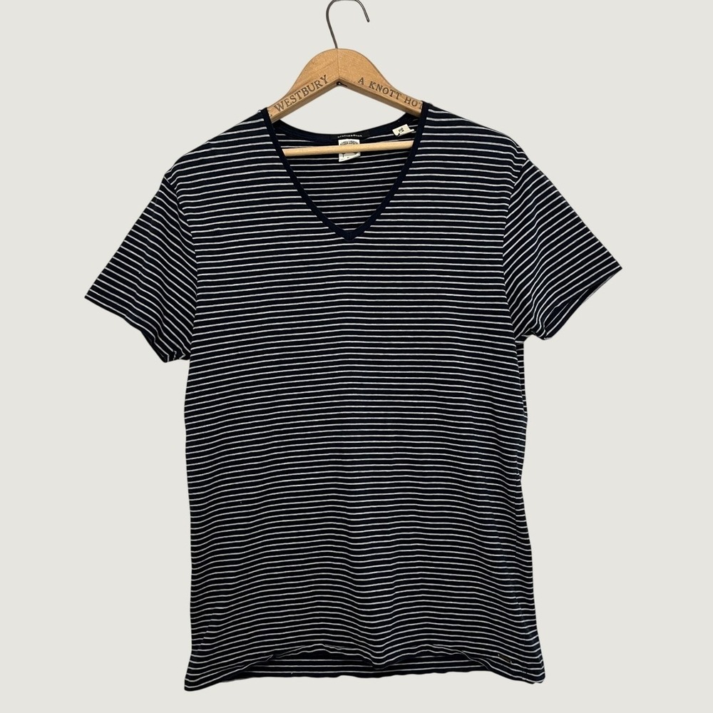 Scotch & Soda Aloha London Mens Striped V-Neck T-Shirt Navy Blue Large - Picture 2 of 8